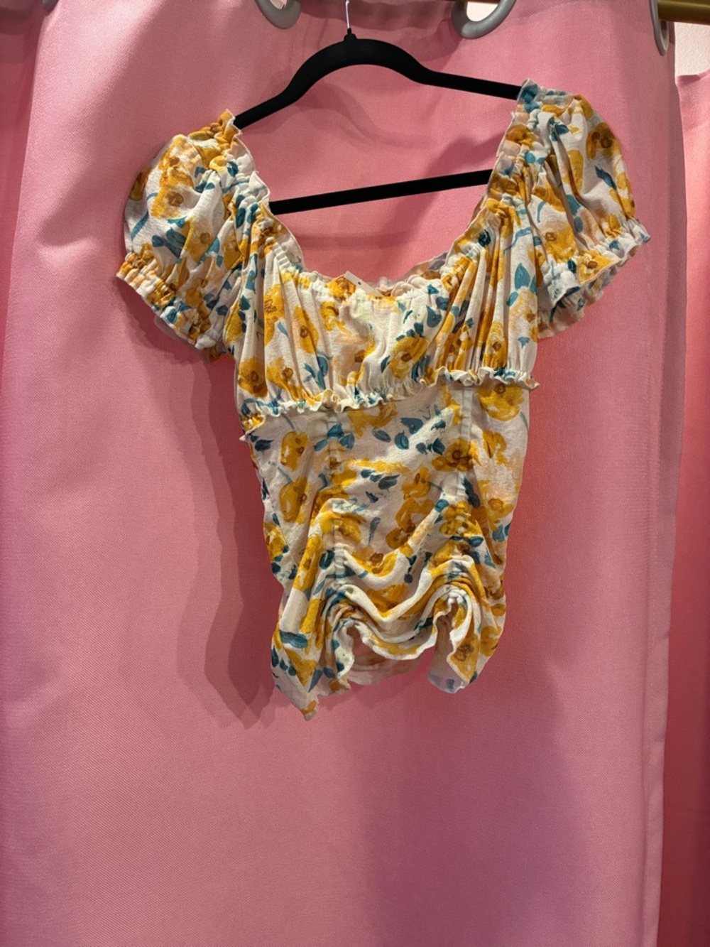 Anthroplogie Floral Shirred Puff-Sleeve Women’s Top in Yellow-size XS